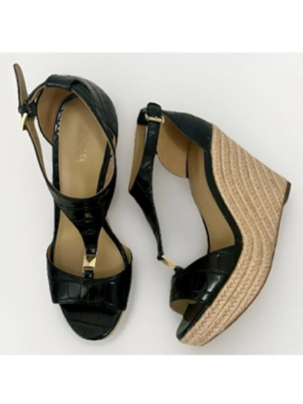 Michael Kors Fanning Espadrille Wedge Shoes Women’s Sz 8 Black Faux Leather Jute